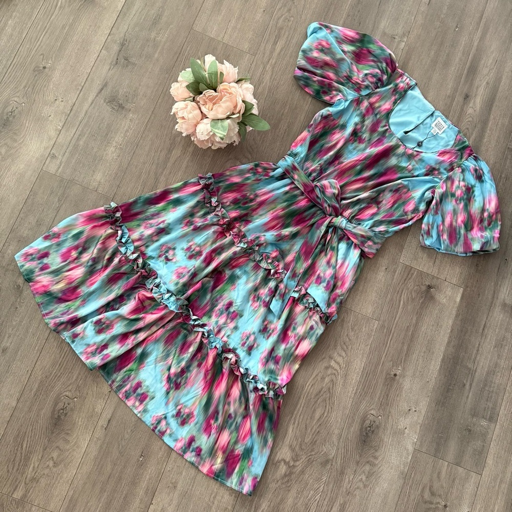 New Badgley Mischka Mark & James Spring Colorful Tiered Midi Dress - Picture 2 of 6